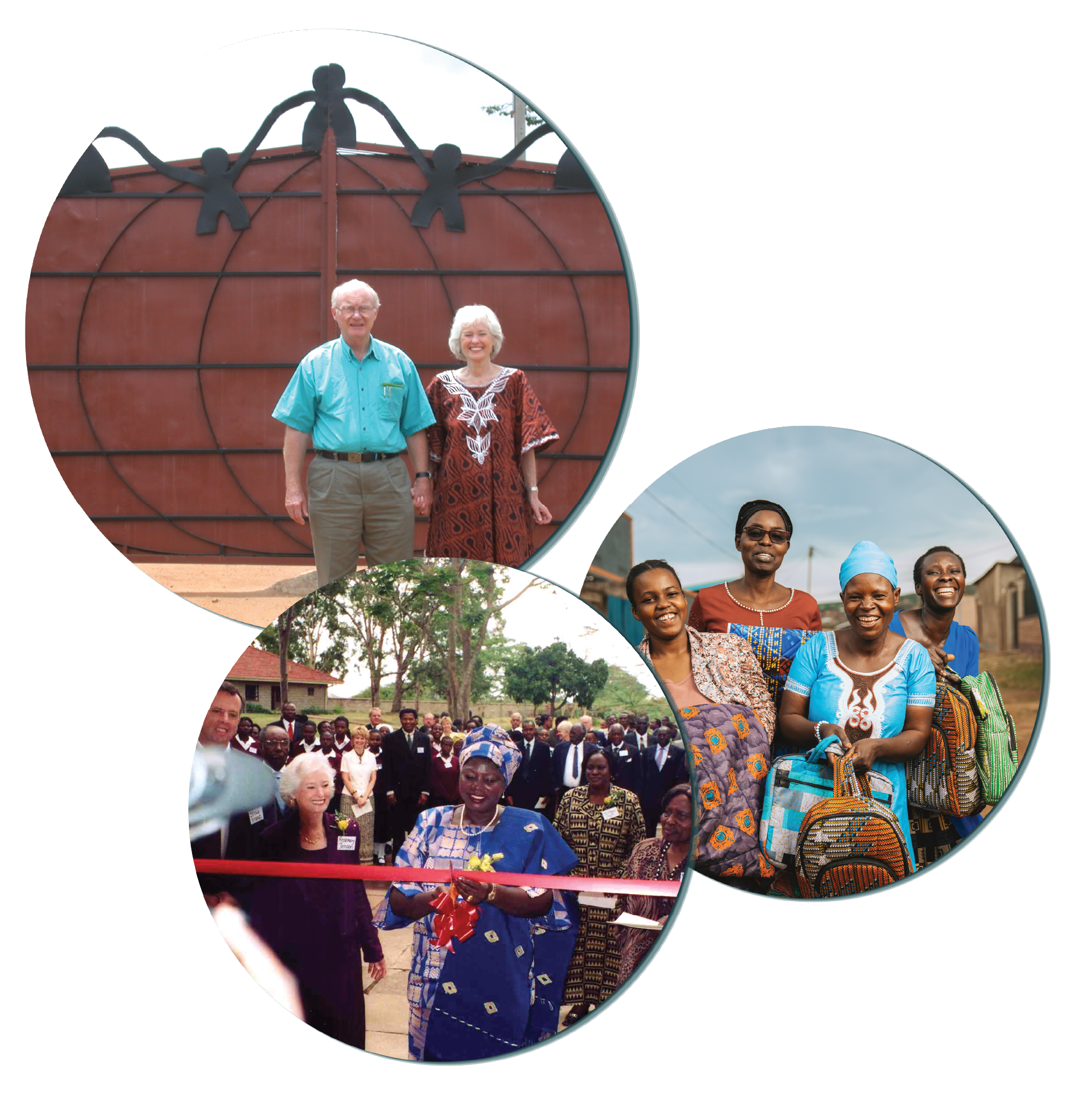 three photo circles featuring The Jensens, village dedication, and a group of widows